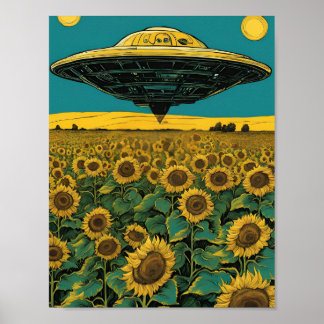UFO-landing in een zonnebloemveld - Surrealistisch Poster