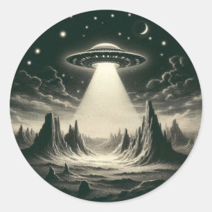 ufo over bergen vliegende schotel aliens ronde sticker