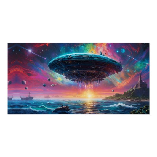UFO over oceaan, Fantasie, planeten Perfect Poster (Voorkant)