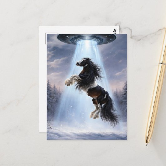UFO picking up a Spotted Gypsy Vanner Horse Briefkaart (Voorkant / Achterkant in situ)