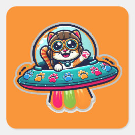 UFO Rainbow Kat Vierkante Sticker