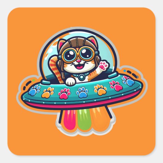UFO Rainbow Kat Vierkante Sticker (Voorkant)