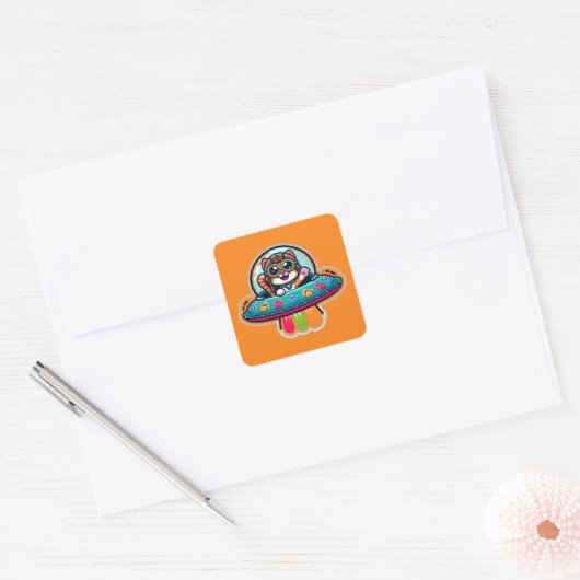 UFO Rainbow Kat Vierkante Sticker (Envelop)