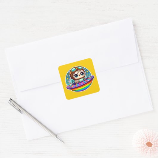 UFO Rainbow Owl Vierkante Sticker (Envelop)