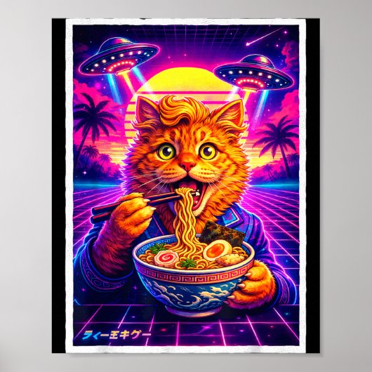 Ufo ramen cat meme retro synthwave 80s graphic poster (Voorkant)