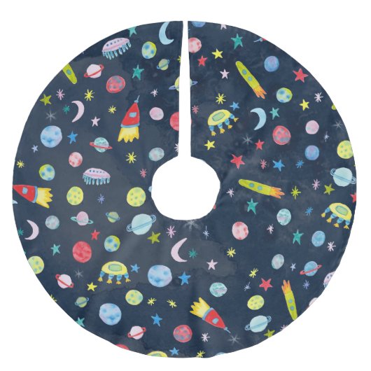 UFO Rocket Saturn Waterverf buitenruimte Kerstboom Rok (Voorkant)