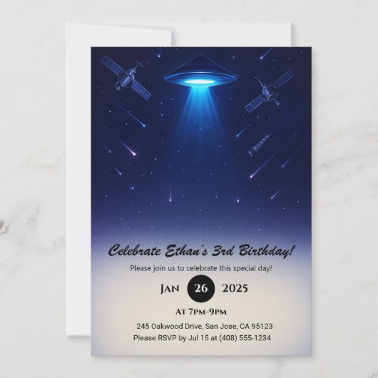 UFO Spotlight Meteor Ruimte Illustratie Verjaardag Kaart (Voorkant)