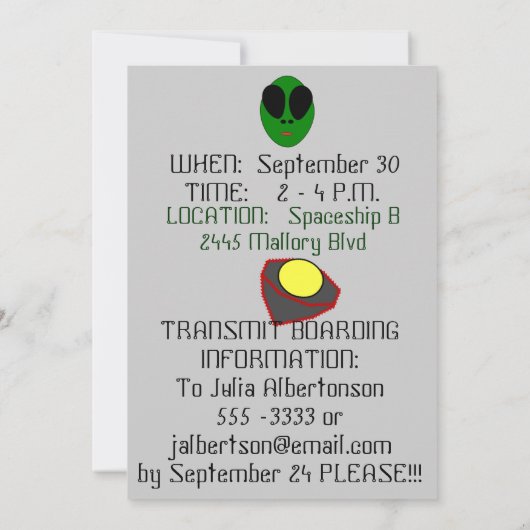 UFO - uitnodiging voor Alien Birthday (Achterkant)
