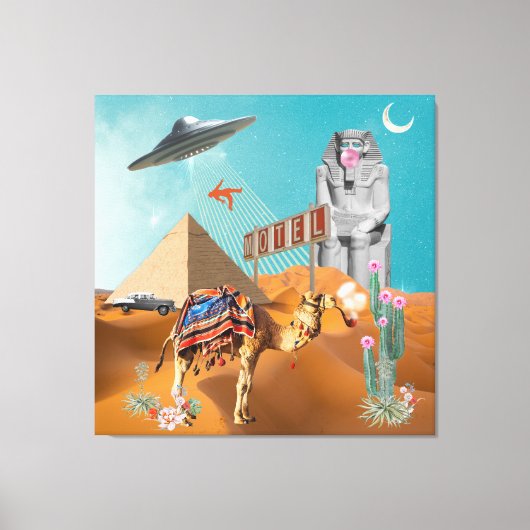 UFO Vacation Egypt Pyramid Hotel Surreal Collage Canvas Afdruk (Voorkant)