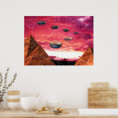 UFO-vlieg boven uitheemse piramiden Poster (Keuken)