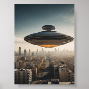 UFO vliegende schotel over de stad Poster