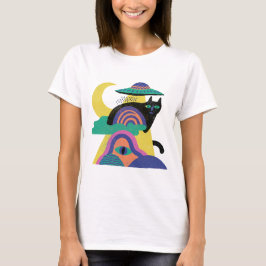 UFO Zwarte Kat Maan Kunst T-shirt