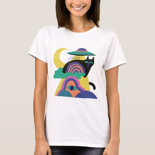 UFO Zwarte Kat Maan Kunst T-shirt (Voorkant)