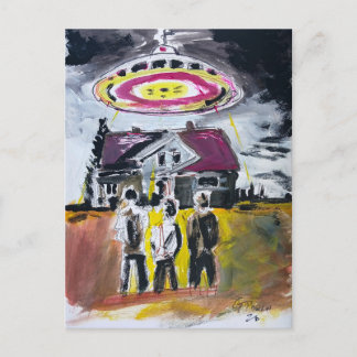 UFO zweeft boven kaart van landelijk huis