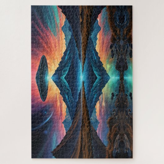 UFO zweeft boven kleurrijke bergen en meer Legpuzzel (Verticaal)