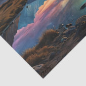 UFO zweeft boven kleurrijke bergen en meer Tissuepapier (Detail)