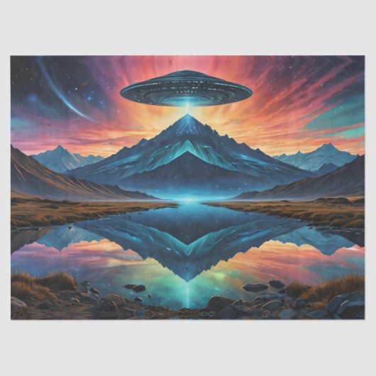 UFO zweeft boven kleurrijke bergen en meer Tissuepapier (Voorkant)