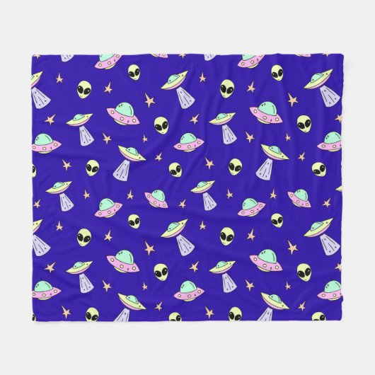 UFO's, buitenaardse gezichten en sterren op blauwe Fleece Deken (Voorkant (Horizontaal))