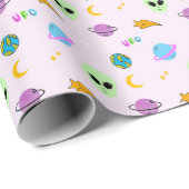 UFO's, planeten, sterren en Galaxy Naadloos Ontwer Cadeaupapier (Rol Hoek)