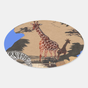 Uganda Wildlife Kaart Kunst Afdrukken Ovale Sticker
