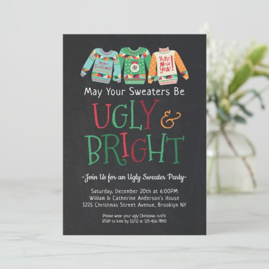 Ugly Bright Sweater Chalkboard Kerstvakantie Kaart (Staand voorkant)