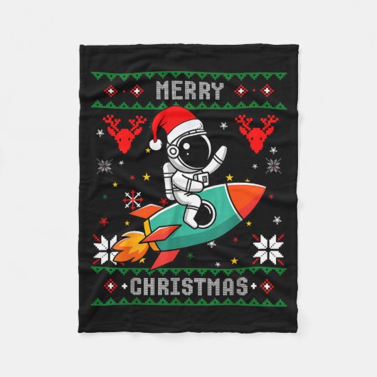 Ugly Christmas Astronaut Riding Rocket Santa Hat T Fleece Deken (Voorkant)