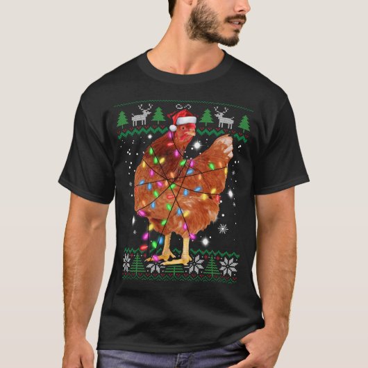Ugly Christmas Chicken Santa Hat Lights Sweater  T-shirt (Voorkant)