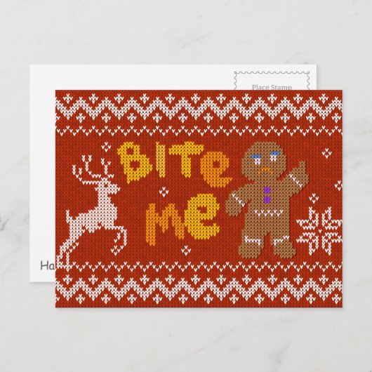 Ugly Christmas Sweater: Bite Me Gingerbread Man Feestdagenkaart (Voorkant / Achterkant)