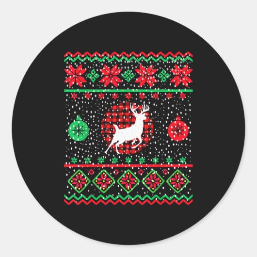 Ugly Christmas Sweater Design Plaid Reindeer Ronde Sticker (Voorkant)