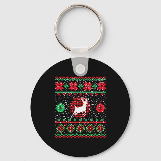 Ugly Christmas Sweater Design Plaid Reindeer  Sleutelhanger (Voorkant)