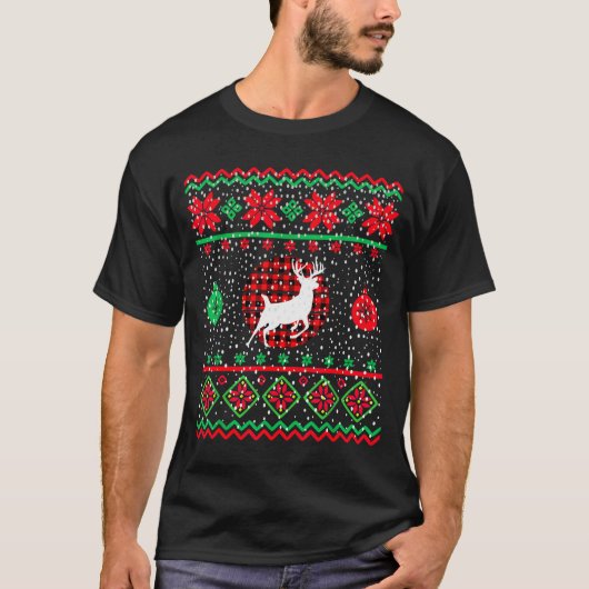 Ugly Christmas Sweater Design Plaid Reindeer T-shirt (Voorkant)