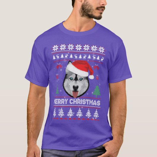 Ugly Christmas Sweater Husky Santa Merry Christmas T-shirt (Voorkant)