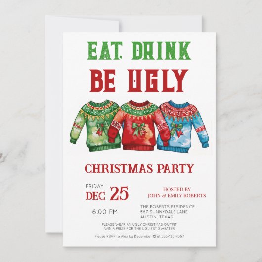 Ugly Christmas Sweater Party Invitation Eet Drink Kaart (Voorkant)
