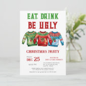 Ugly Christmas Sweater Party Invitation Eet Drink Kaart (Staand voorkant)