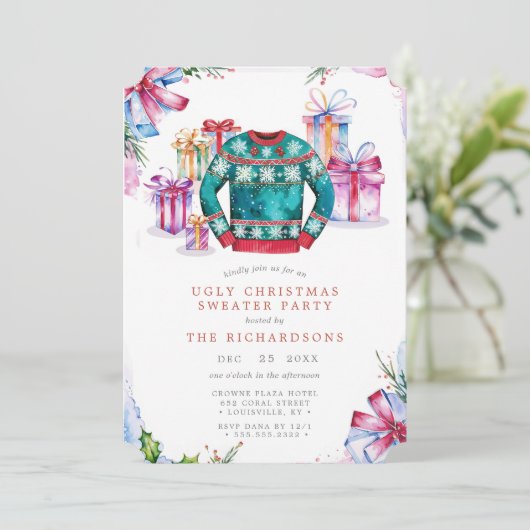 Ugly Christmas Sweater Party Invitation Kaart Holi (Staand voorkant)