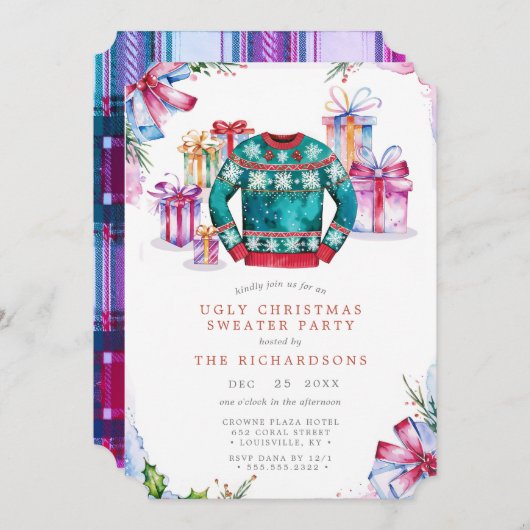 Ugly Christmas Sweater Party Invitation Kaart Holi (Voorkant / Achterkant)