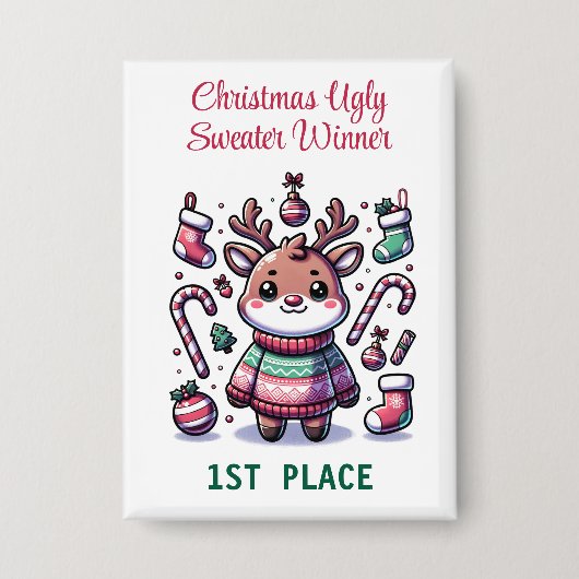 Ugly Christmas Sweater Reindeer Winnaar 1e plaats Button (Voorkant)
