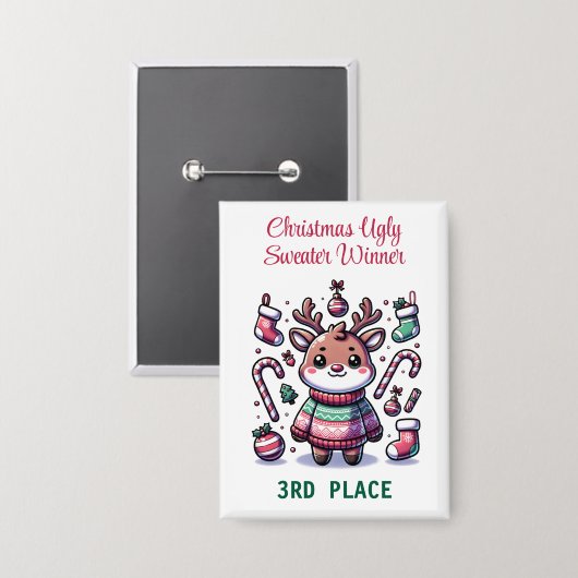 Ugly Christmas Sweater Reindeer Winnaar 3e plaats Button (Voorkant / Achterkant)