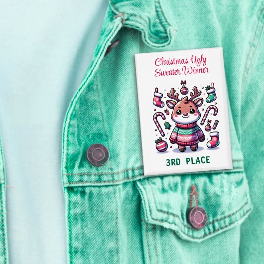 Ugly Christmas Sweater Reindeer Winnaar 3e plaats Button