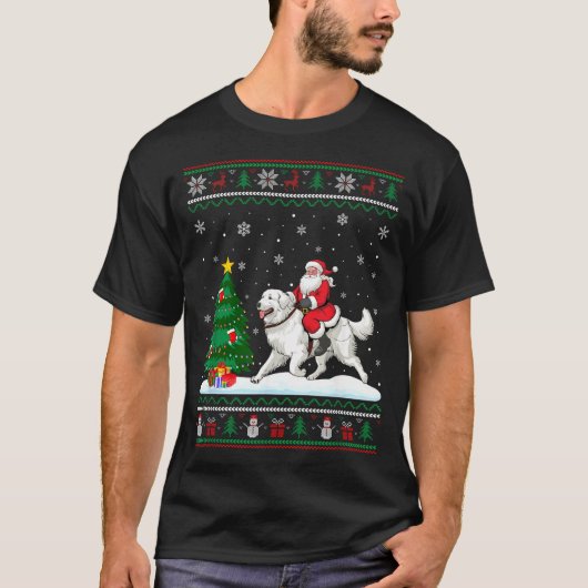 Ugly Christmas Tree Lights Santa Riding Great Pyre T-shirt (Voorkant)