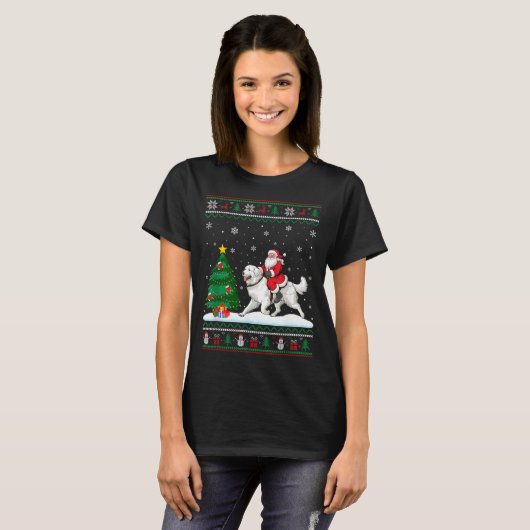 Ugly Christmas Tree Lights Santa Riding Great Pyre T-shirt (Voorkant volledig)