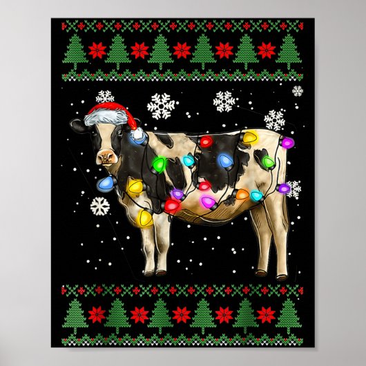 Ugly Cow Christmas Sweater Santa Hat And Light Up Poster (Voorkant)