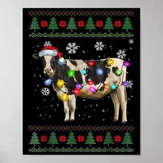 Ugly Cow Christmas Sweater Santa Hat And Light Up  Poster (Voorkant)