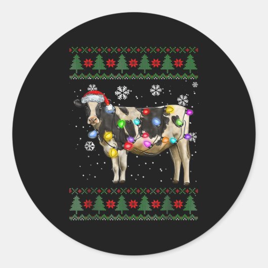 Ugly Cow Christmas Sweater Santa Hat And Light Up Ronde Sticker (Voorkant)
