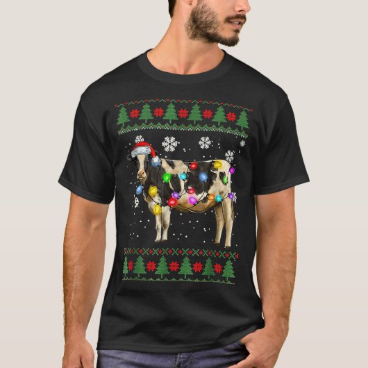 Ugly Cow Christmas Sweater Santa Hat And Light Up T-shirt (Voorkant)