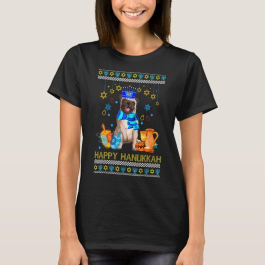 Ugly Hanukkah Sweater Jewish Pug Dog Menorah T-shirt (Voorkant)