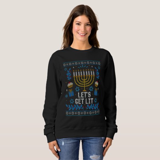 Ugly Hanukkah Sweater Lets Get Lit Menorah Men Wom (Voorkant volledig)