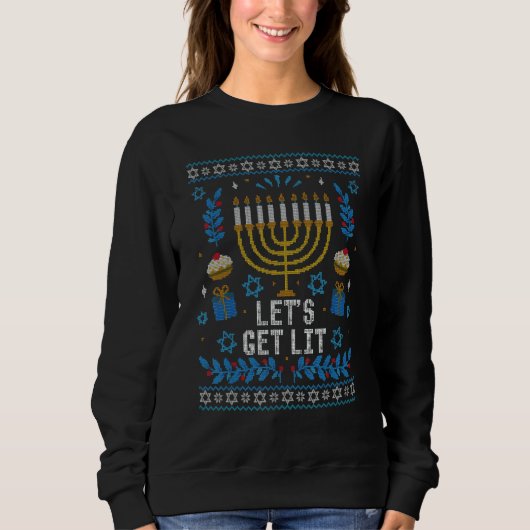 Ugly Hanukkah Sweater Lets Get Lit Menorah Men Wom (Voorkant)