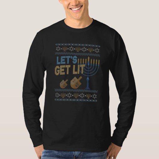 Ugly Hanukkah Sweater Lets Get Lit Menorah T-shirt (Voorkant)