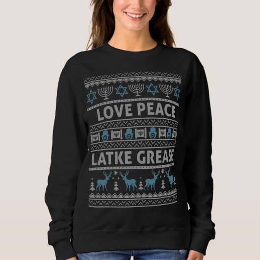 Ugly Hanukkah Sweater Love Peace Latke Grease Chan (Voorkant)